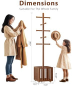 Solid Wood Freestanding Coat Rack with 10 Adjustable Hooks, Storage Basket and Lockable Casters, Organizes Hats, Clothes and Bags for Entryway, Bedroom, Living Room - Image 2