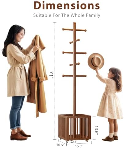 Solid Wood Freestanding Coat Rack with 10 Adjustable Hooks, Storage Basket and Lockable Casters, Organizes Hats, Clothes and Bags for Entryway, Bedroom, Living Room - Image 2