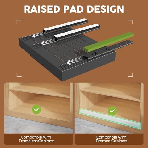 Seinloes 2 Pack Expandable Pull Out Cabinet Organizer 21"Deep With Raising Pad for Framed Cabinets,Upgrade 3 Slide Rails Slide Out Drawers,Roll Out Shelves Adhesive,Adjustable Width 15.15"-26.3" Black - Image 2