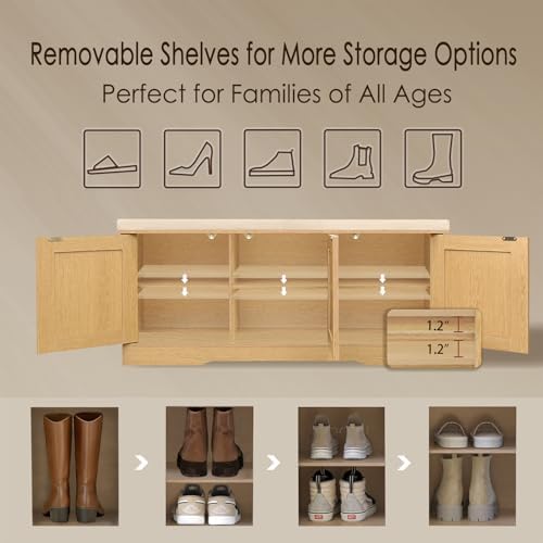 DINZI LVJ Shoe Storage Bench with Cushion, Door, Natural 39.4" LX17.7 H - Image 4