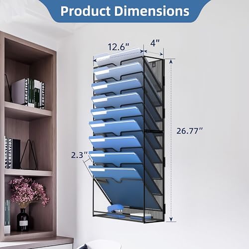 DALTACK Wall File Holder 10 Tier Hanging Wall File Organizer, for Papers Mails Folders Clipboard Magazine Organization for Office Home School Classroom, Mesh Metal, Assembly Needed, Black - Image 3