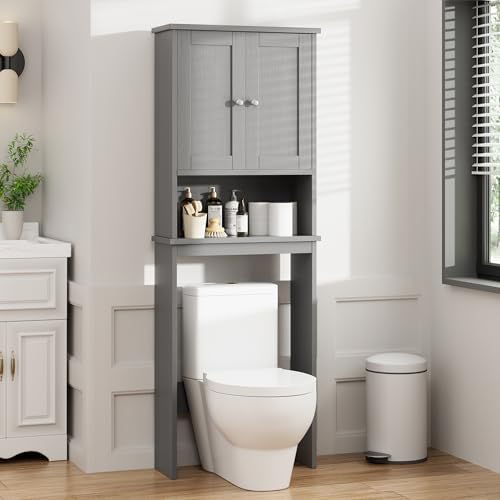 Over the Toilet Storage Cabinet, Bathroom Storage Over Toilet with Two Doors and Adjustable Shelf, Space Saver with Open Shelf, Gray by Meilocar