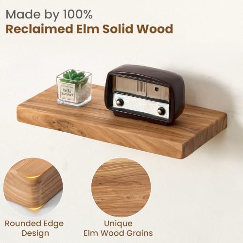 Floating Shelves for Wall, 16"Wx8"D Rustic Solid Elm Wood Floating Shelves Wall Mounted, Round Edge Wall Shelves with Invisible Bracket for Living Room Bathroom Bedroom Kitchen, Set of 2, Natural - Image 3