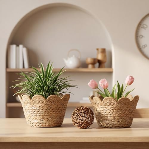 AceOrbit 9 Pcs Scalloped Seagrass Plant Basket, Medium, Brown - Image 3