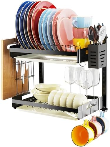 Hanging Wall Mounted Dish Drying Rack, Cutting Board Rack*1, Hook*4, Drain Tray*2, Apartment & RV Wall Mounted Dish Rack, Small Kitchen & Clean Countertop Solution, 2 Layers & 16“ long, Black - Image 2