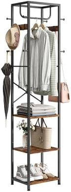 Coat Rack Freestanding, Hall Tree with 3 Shelves and 12 Hooks, Rustic Brown by ELYKEN