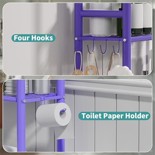 3-Tier Over The Toilet Storage Organizer, Space-Saving Bathroom Rack with Paper Holder & 4 Hooks, 64" Tall Freestanding Carbon Steel Shelf for Small Apartment Laundry Room (Purple) - Image 4
