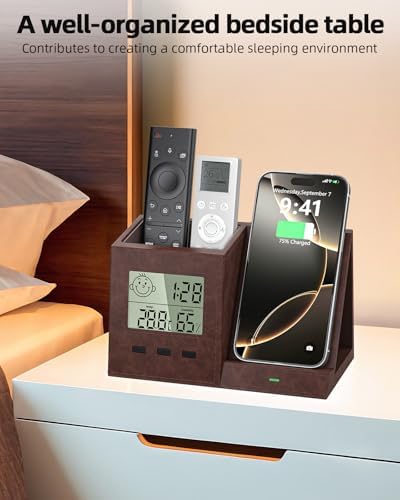 Desk Organizer with Wireless Charger, Digital Clock, Thermometer & Hygrometer - Multi-Functional Pencil Holder, Office Desk Accessories Storage Caddy for Home, Office, Men, Women (Battery Included) - Image 4