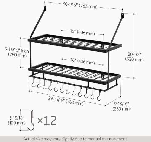 KES 30-Inch Kitchen Pot Rack - Mounted Hanging Rack for Kitchen Storage and Organization - Matte Black 2-Tier Wall Shelf with Guard Rail for Pots and Pans Organizer with 12 Hooks - KUR215S75B-BK - Image 6