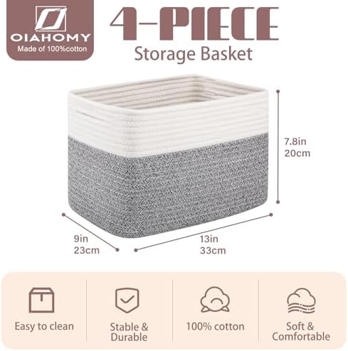 OIAHOMY 4 Pack Storage Basket, 13"x9"x7.8" Cotton Rope Baskets for Shelves, Closet Organizer for Bedroom & Living Room, Soft Decorative Bins for Organizing Towels, Books & Toys, Grey & White - Image 2