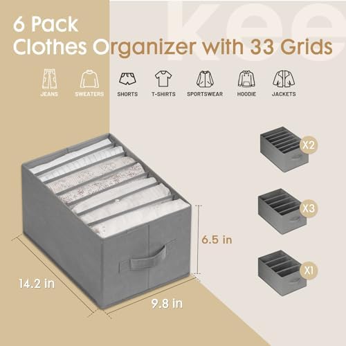 Criusia 6 Pack Large Clothes Organizer, Wardrobe Closet Organizer and Storage with Handles, Foldable Fabric Closet Organizers Dividers for Clothing, Pants, Jeans, Sweater, T-shirts, Grey - Image 3