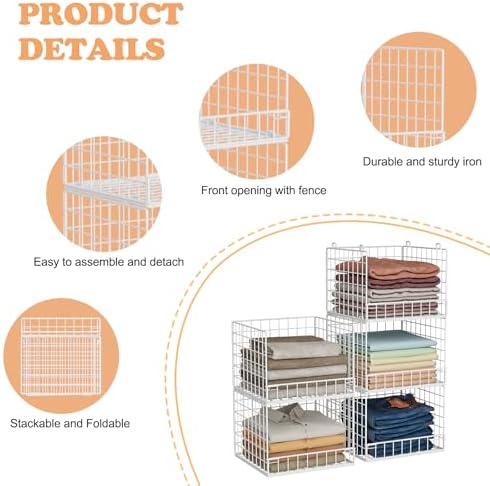 5-Tier Stackable Closet Organizers and Storage Baskets, Closet Shelf Organizer, Space-Saving closet organizer system, Foldable Clothes Storage Bins for Closet Organizer System, White(Patent 30022416) - Image 4