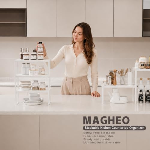 Magheo Cabinet Organizer Shelf Riser, Stackable Spice Rack for Countertop/Cabinet, Pantry Organizers and Storage, Heavy Duty Kitchen Counter Shelves for Seasonings,Bowls,Coffee Makers (3 Pack, White) - Image 3