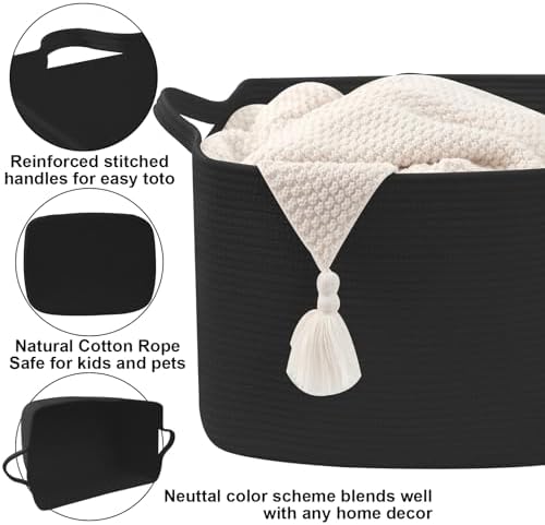 96L Woven Laundry Basket with Handles, Extra Blanket Basket,Black - Image 3