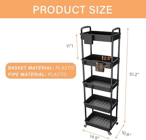 5 Tier Rolling Utility Cart with Handle,REBECAT Utility Cart Made of Multifunctional Storage Organizer Tool for Kitchen,Bathroom,Living Room,Office(Black) - Image 5