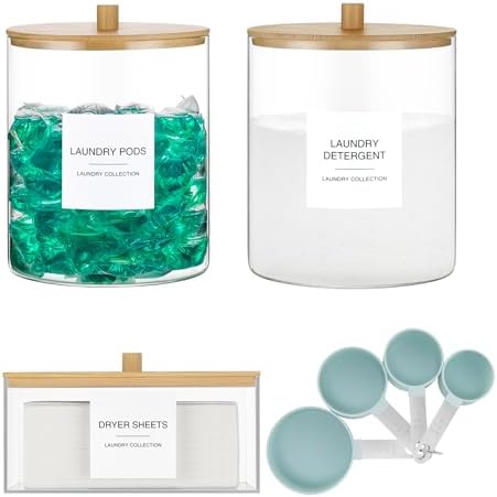 3 Pack Glass Jars and Acrylic Dryer Sheet Holder, Laundry Pods Container with Bamboo Lid and Measuring Cups for Laundry Room Organization, Powder Detergent Containers by TIPGO