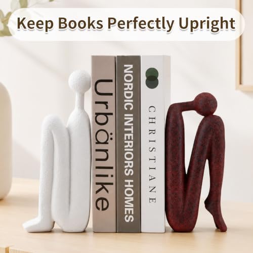Thinker Decorative Bookends, Heavy Duty Resin Book Ends, Non-Slip Book Holder for Shelves, Modern Minimalist Sculpture Book Stopper for Living Room Office Home Decor, Set of 2 (Red White) - Image 2
