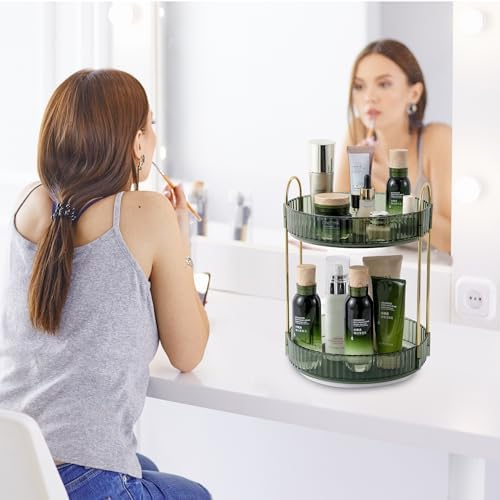Rotating Makeup Organizer for Vanity, Perfume Skincare Lipstick Organizers for Bathroom Countertop, Clear Make up Storage for Dresser, Bathroom Cosmetics Organizer Storage 360 Spinning(2 Tier, Green) - Image 6