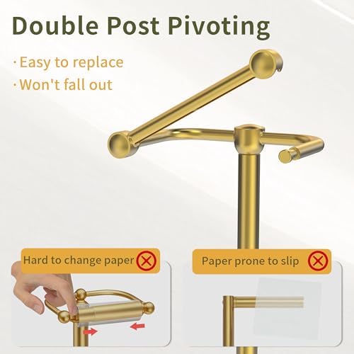 Toilet Paper Holder Stand, Modern Bathroom Free Standing Toilet Paper Holder with Storage for 4 Rolls, Post Pivoting Toilet Paper Stand Stainless Steel Tissue Rack, Heavy Stable Base(Brushed Gold) - Image 3