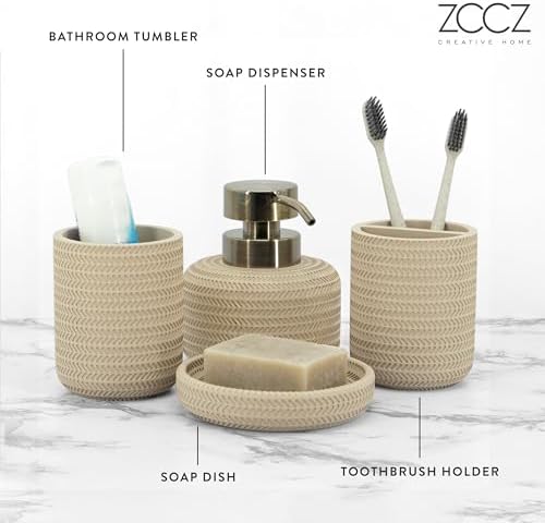 ZCCZ Beige Bathroom Accessories Set 4 Pcs - Toothbrush Holder, Soap Dispenser, Vanity Tray, Tumbler - Countertop Organizer for Bathroom Decor - Stylish and Functional Accessory Set for Home - Image 3