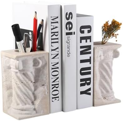 Roman Column Book Ends Decorative, 4-in-1 Heavy Duty Marble Bookend for Shelves, Unique Pen Holder & Mini Flower Vase, Classic Greek Statue for Office Home Desk Decor (2PC, Beige) by BCS