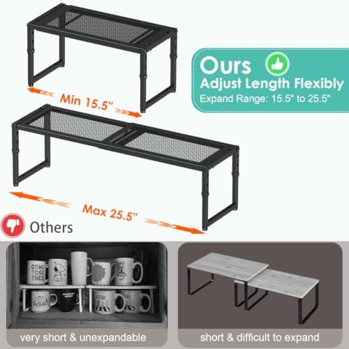 2 Pack Expandable Kitchen Cabinet Shelf Organizer, 15.5"-25.5" Long Adjustable Storage Shelves Organizers for Kitchen Countertop Pantry Cupboard Table Desk Counter, Stackable, 30LBS Load Capacity - Image 2