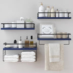 Wood Floating Shelves Wall Mounted - 4+1 Tier Rustic Bathroom Wall Shelves Over Toilet with Wire Storage Basket and Towel Bar, set of 4 Farmhouse Floating Shelf for Bathroom, Kitchen,Navy Blue. by LUDORU