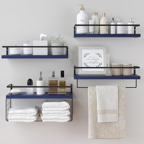 Wood Floating Shelves Wall Mounted - 4+1 Tier Rustic Bathroom Wall Shelves Over Toilet with Wire Storage Basket and Towel Bar, set of 4 Farmhouse Floating Shelf for Bathroom, Kitchen,Navy Blue. by LUDORU