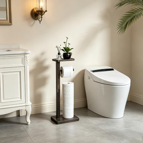 Bamboo Freestanding Bathroom Toilet Paper Holder Stand with Phone Shelf and Storage, Holds 3 Extra Mega Rolls(Balck) - Image 2
