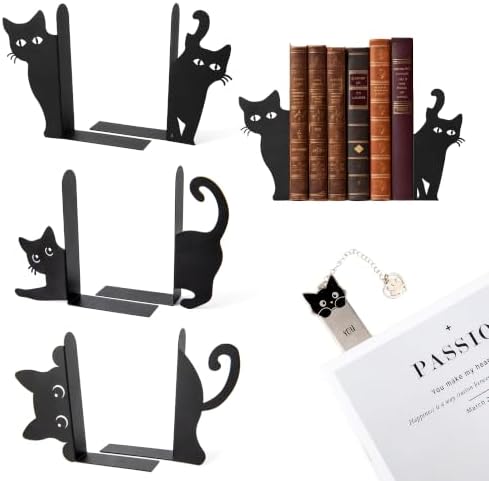 6pcs Cat Metal Bookends for Shelves Cute Decorative Book Ends with Bookmark by KOLLIEE