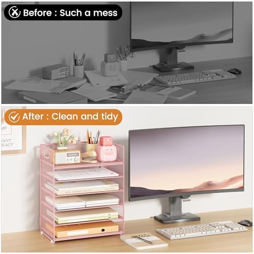 Subekyu 6-Tier Desk Paper Organizer, Desktop File Letter Tray with Handle, Document Sorter and Accessories Holder for Office, Home and School Workspace Organizers, Pink-2 Pack - Image 2