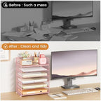 Subekyu 6 Tier Office File Paper Desk Tray Organizer with Handle, Stackable Slide Mesh Letter Tray Folder Pink Desk Organizer, Desktop Document Sorter for Classroom, Office, Home Supplies Storage - Image 2
