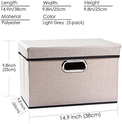 PRANDOM Foldable Storage Bin with Lid [5-Pack] Linen Fabric Decorative Storage Box Organizer Container Basket Cube with Handles Divider for Closet Office Living Room Light Grey(14.9x9.8x9.8) - Image 5