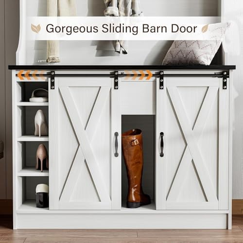 4ever2buy Farmhouse Hall Tree with Bench & Shoe Storage, White - Image 5