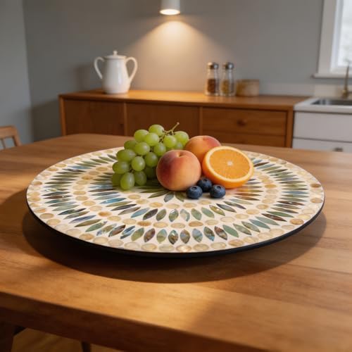 13.4" Mother of Pearl Lazy Susan, Table Centerpiece Round Shell Decorative Lazy Susan Turntable Rotating Tray Organizer for Cabinet Counter Gift Kitchen Office Cafe Home Decor (Dot Blue) - Image 2
