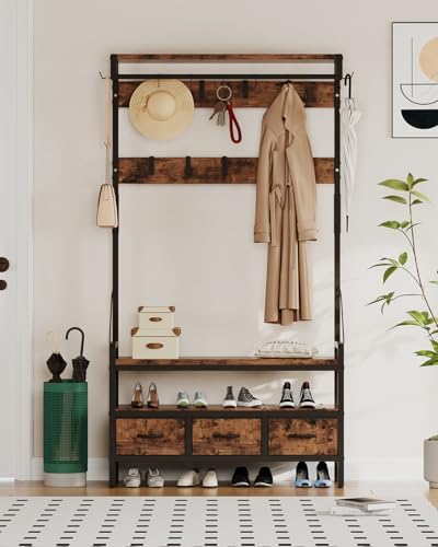 Hall Tree with Bench and Shoe Storage, Freestanding Entryway Coat Rack with 3 Fabric Drawers, 16 Hooks - Image 2