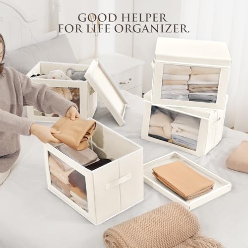 Homsorout Storage Bins with Lids, 4 Pack Large Storage Cubes with Window, Closet Bins with Lids & Handles, Fabric Box for Organizing Clothes, Towels, Books, Beige - Image 3