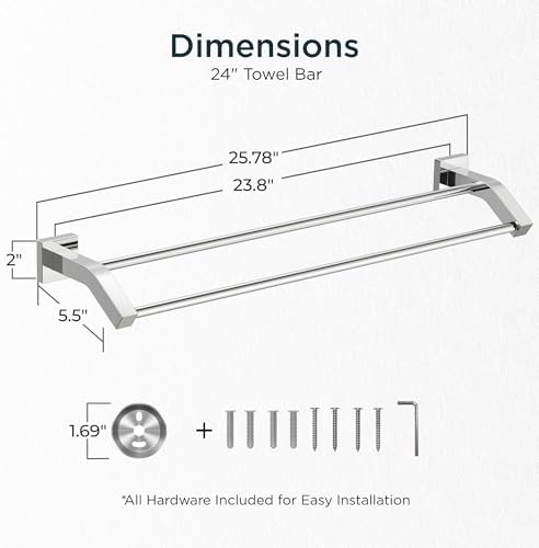 FORIOUS Double Towel Bar 24 Inch, Bathroom Towel Rack Square Chrome - Image 2
