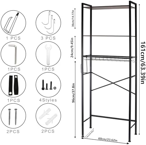 Over The Toilet Storage Rack, 3-Tier Bathroom Organizer Shelf with Toilet Paper Holder & 3 Hooks, Freestanding Metal Over Toilet Storage Shelves for Small Bathroom Spaces, Brown - Image 6
