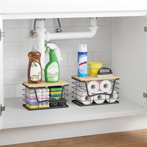 ALOCEO 2 Pack Stackable Wire Storage Basket with Bamboo Lid, Stainless Steel Extra Large Trash Bag Dispenser Roll Holder for Kitchen Sink, Laundry, Pantry Organizer and Storage, Black - Image 2
