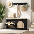 Rattan Narrow Entryway Bench with Shoe Storage, 2 Flip Drawers & Coat Rack, Mid-Century Modern Wood Shoe Cabinet with Seat Cushion for Foyer/Hallway (Black) by WINWY