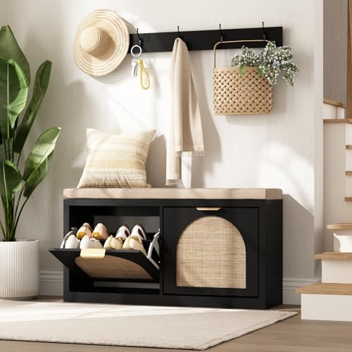 Rattan Narrow Entryway Bench with Shoe Storage, 2 Flip Drawers & Coat Rack, Mid-Century Modern Wood Shoe Cabinet with Seat Cushion for Foyer/Hallway (Black) by WINWY