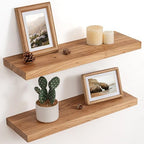 Floating Shelves for Wall Decor, 8" Deep Rustic Solid Elm Wood Floating Shelves Wall Mounted, Wall Shelves with Invisible Bracket for Living Room Bathroom Bedroom Kitchen, 24 Inch Set of 2, Natural by FLYJOE