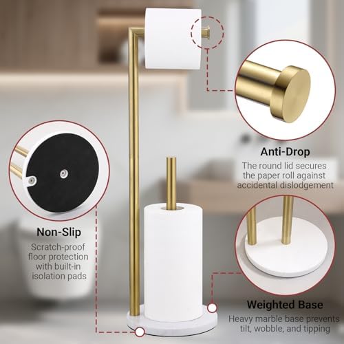 Hoooh Free Standing Toilet Paper Holder with Marble Base, Brushed Gold - Image 5