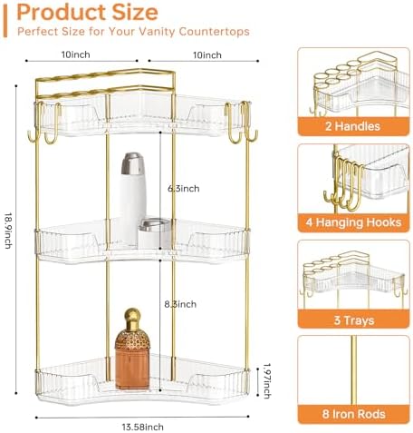3-Tier Corner Bathroom Counter Organizer，Makeup & Skincare Shelf with Built-in Brush Holder，Space-Saving Bathroom Countertop Organizer for Skincare, Perfume, Cosmetics(Clear) - Image 2