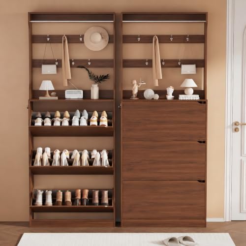 Walnut Hidden Shoe Cabinet with 3 Flip Drawer & Coat Rack, Entryway - Image 3