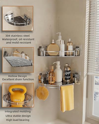 Corner Shower Caddy, Stainless Steel 304, Integrated Molding Bathroom Shelves, Wall Mounted Shower Organizer with Nail Free Adhesive, Suit for Corner Storage Racks in Bath Kitchen(2 Pack) - Image 3