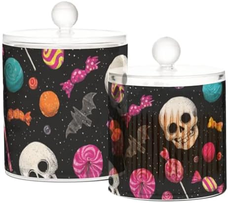 Halloween Skulls Lollipops Bats Qtip Holder Waterproof Dustproof Apothecary Jars with Lids For Bathroom Cotton Swabs Makeup Sponges Floss Picks Bath Salts 2 Pack - Image 2