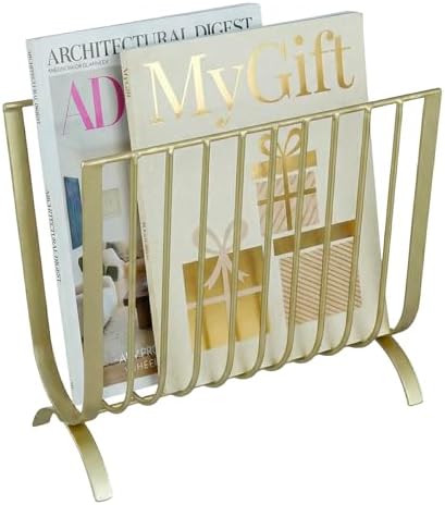 MyGift Brass Metal Mid-Century Wire Magazine Rack – Deluxe Tabletop or Floor Standing Sling Basket for Magazines and Newspapers by MyGiftHome
