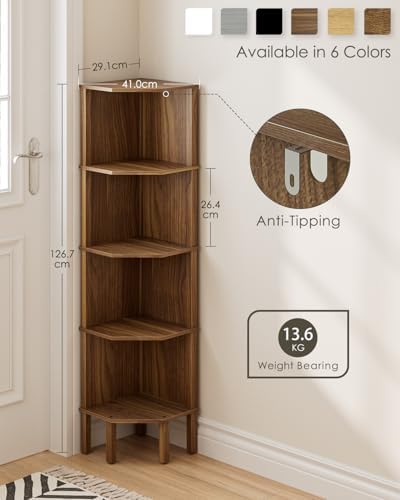 Corner Shelf, 5 Tier Corner Bookshelf, Display Corner Shelf Stand with Storage Rack, Wall Corner Bookshelf for Living Room, Bedroom, Office, Walnut - Image 2